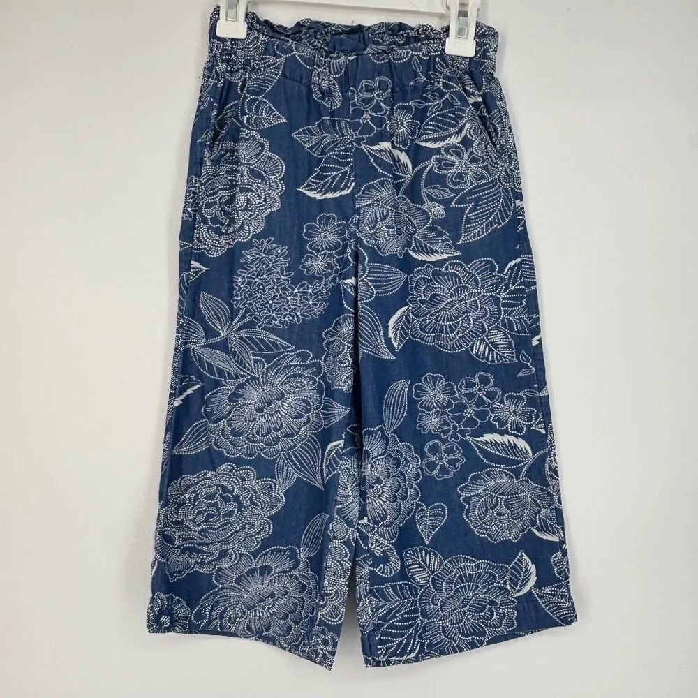 Gap Kids Girls Small Pull-On Wide Leg Pants Chambray Blue White Floral Paper Bag